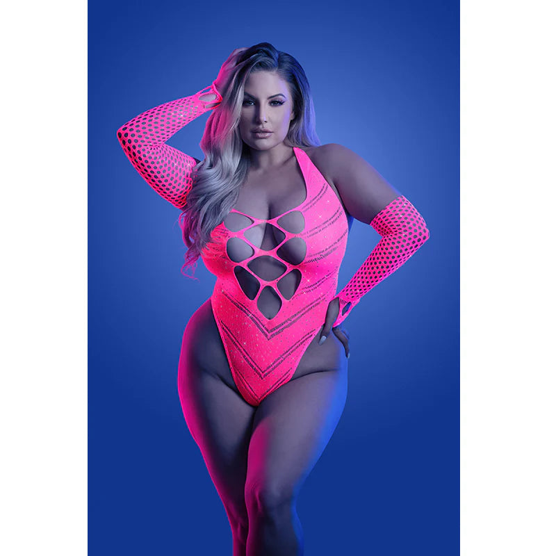 Flashback - Fishnet Teddy with UV Reactive Rhinestones - Queen Size