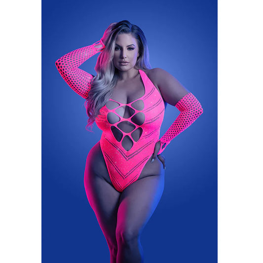 Flashback - Fishnet Teddy with UV Reactive Rhinestones - Queen Size