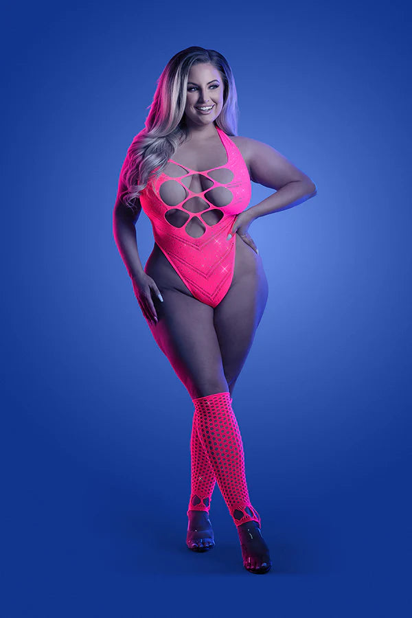 Flashback - Fishnet Teddy with UV Reactive Rhinestones - Queen Size