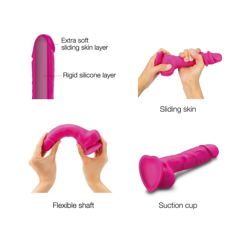 Sliding Skin Suction Cup Dildo Medium - Fuchsia